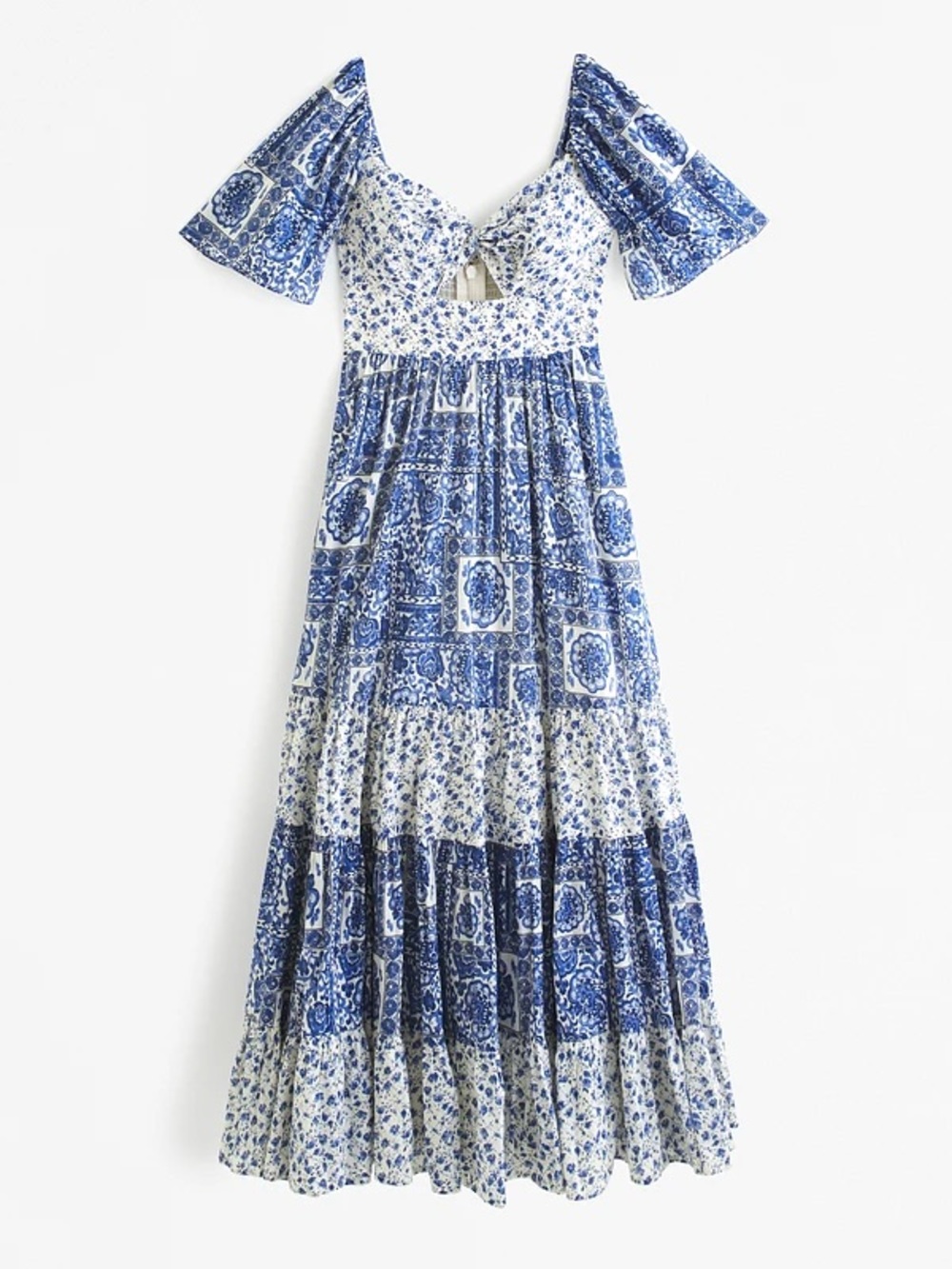 Blue Floral Patches Tiered Maxi Dress - Women's